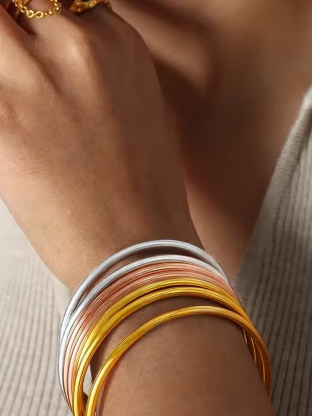 Gold Rhodium Tri Color Bangle Set - Picture 2 of 3